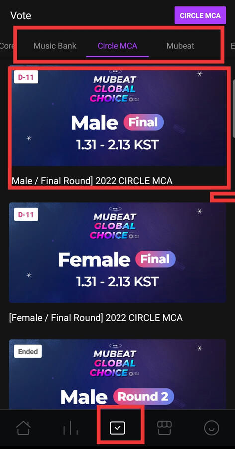 Where to vote? Click the check box, go to Circle MCA tab & select Mubeat Global Choice Male. Refer to image above.