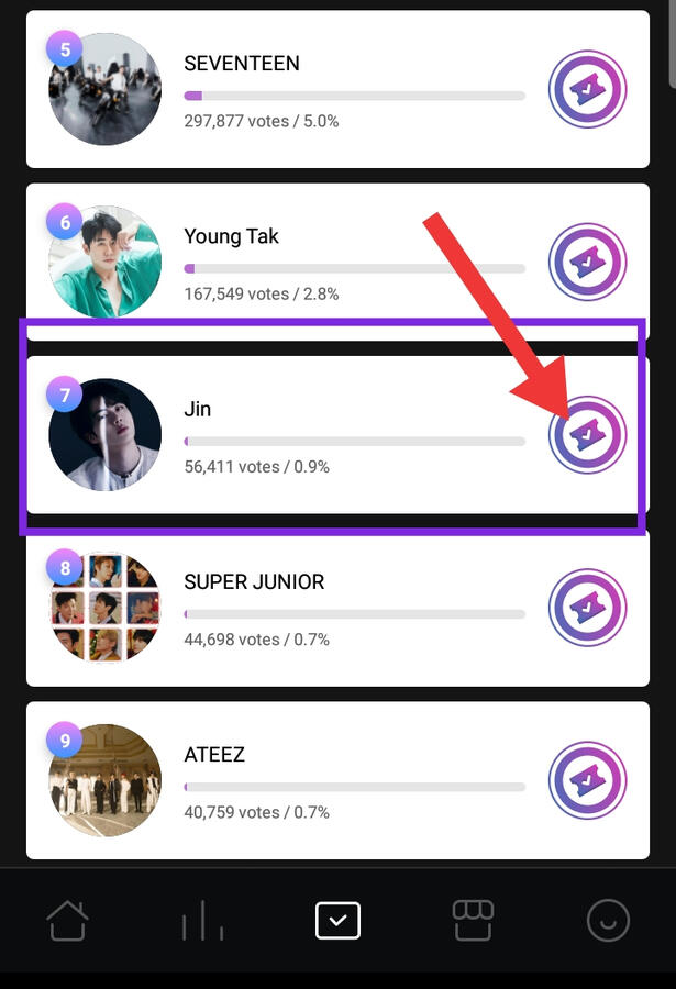How to vote? From the voting page, just scroll down until you see Jin, press the ticket emoji.