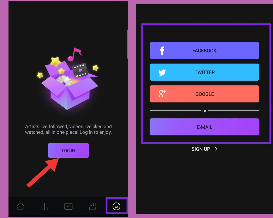Log-in using your social media accounts. Click the last icon at the lower right then Click log-in.