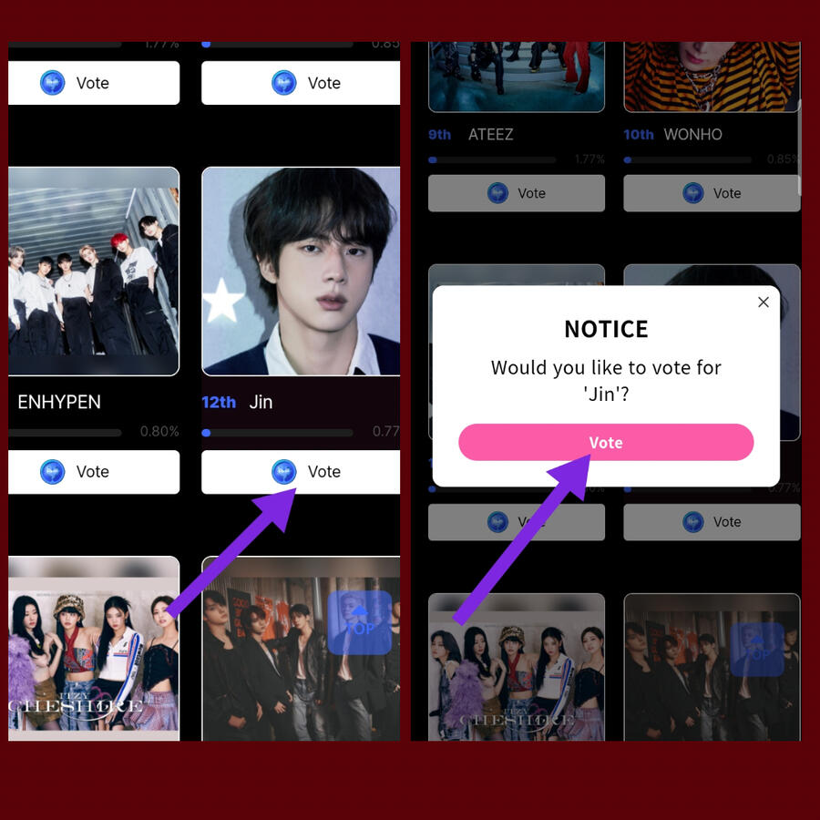 pic (1) Scroll down the page until you see JIN & press the vote button. PIC (2) Press Vote from the pop-up page.