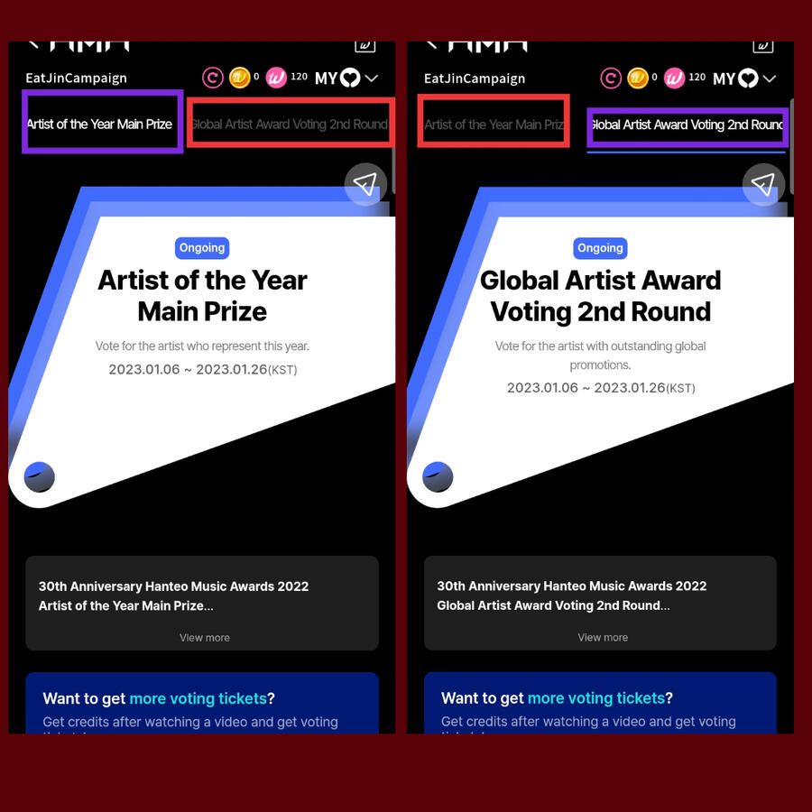 Please remember that seokjin has 2 nominations, Artist of the Year and Global Artist Award