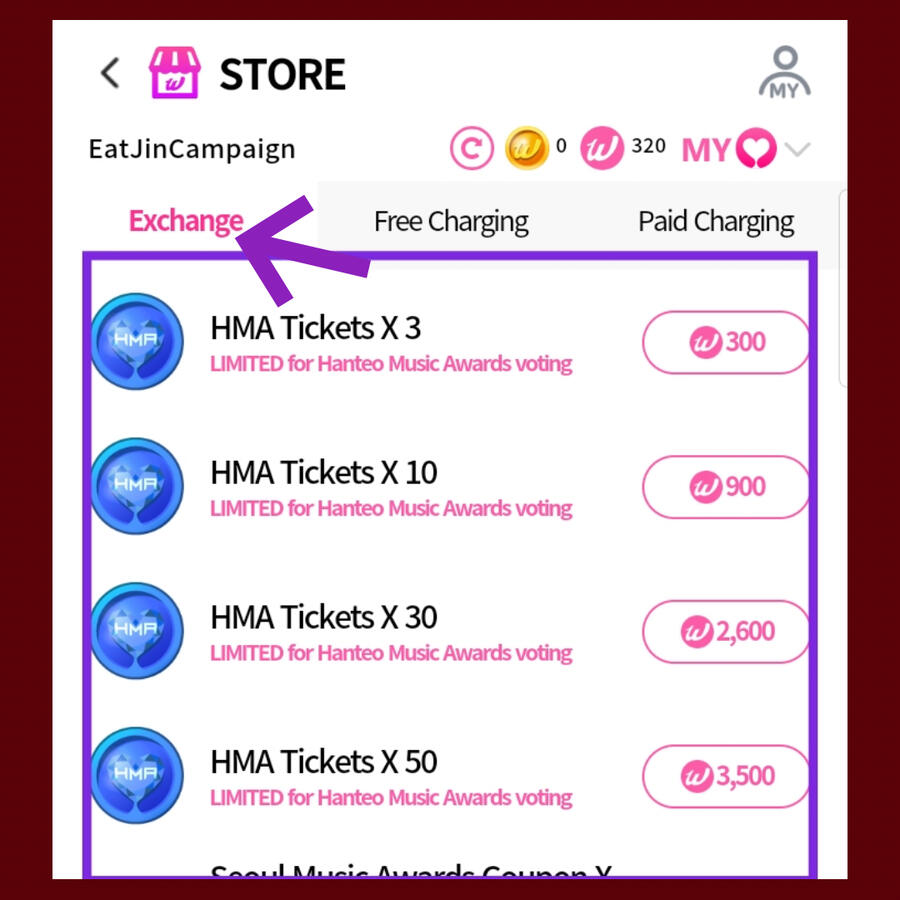 *If you already have enough credits, you can now exchange it to voting tickets! You can exchange as much as you can depending on the credits you collected. Switch to Exchange tab