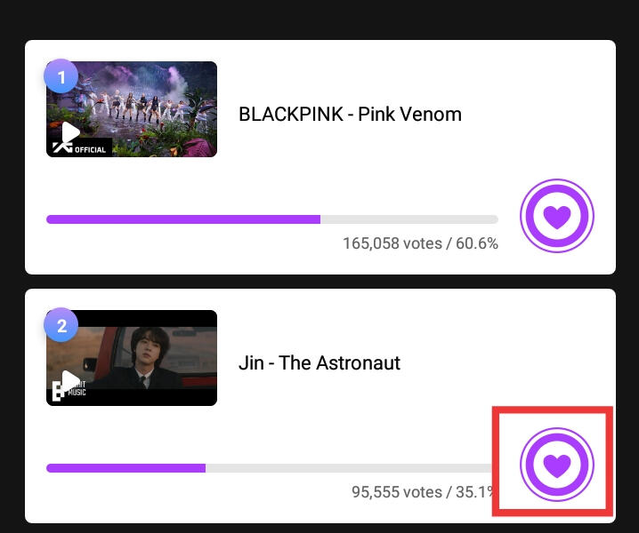 Cast your votes by clicking the purple heart icon on the right corner of Jin's name